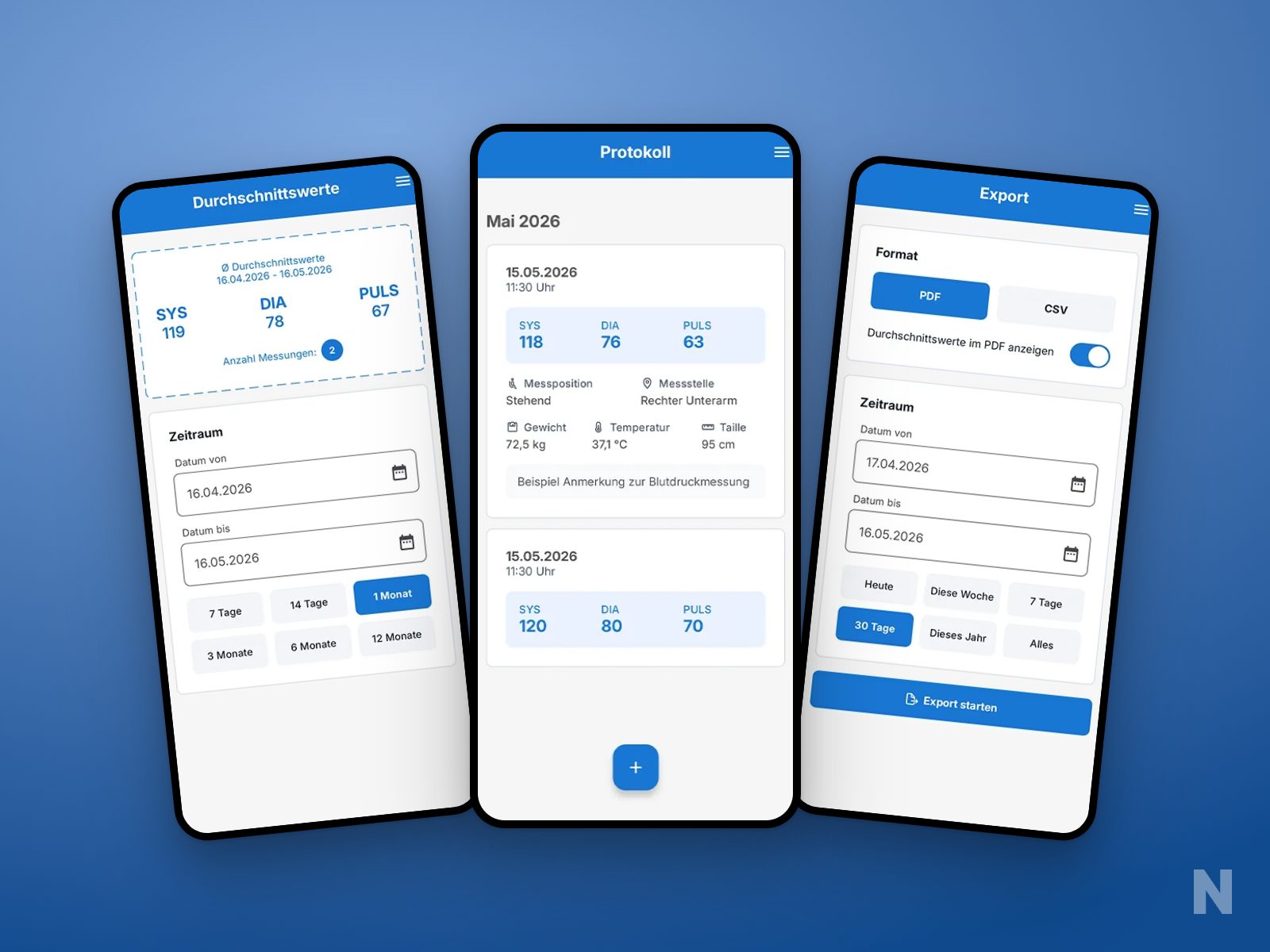 Drei Telefone mit Screens von BlutdruckJournal: Durchschnittswerte, Protokoll und Export, auf blauem Grund