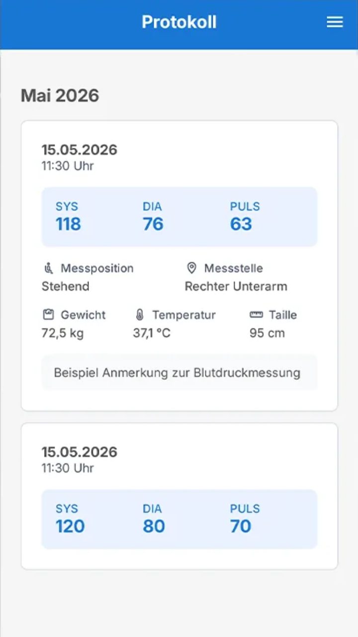 Protokoll mit zwei Messungen: Systole, Diastole und Puls, dazu Messposition, Gewicht und eine Anmerkung