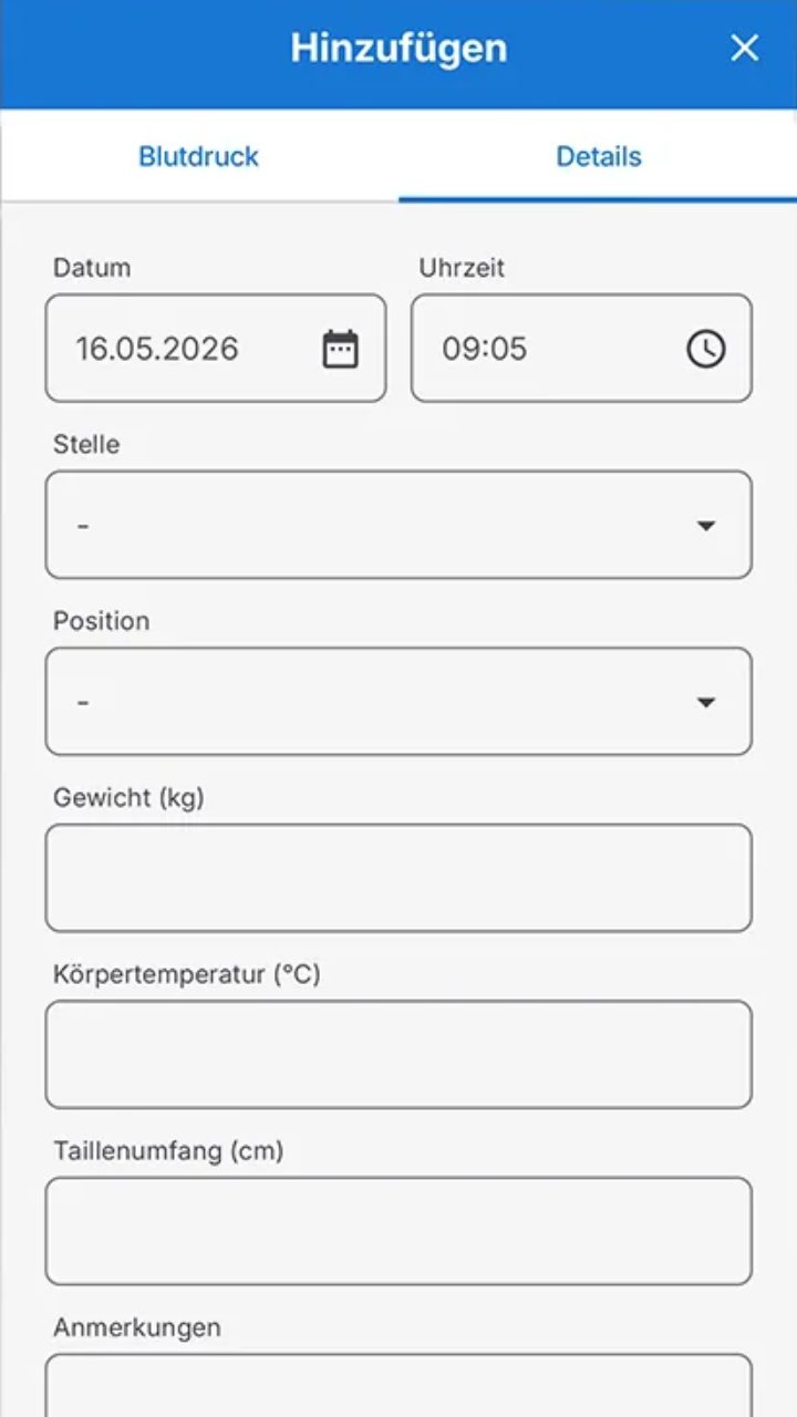 Neue Messung, Reiter Details: Datum, Uhrzeit, Messstelle, Position, Gewicht, Temperatur und Taillenumfang