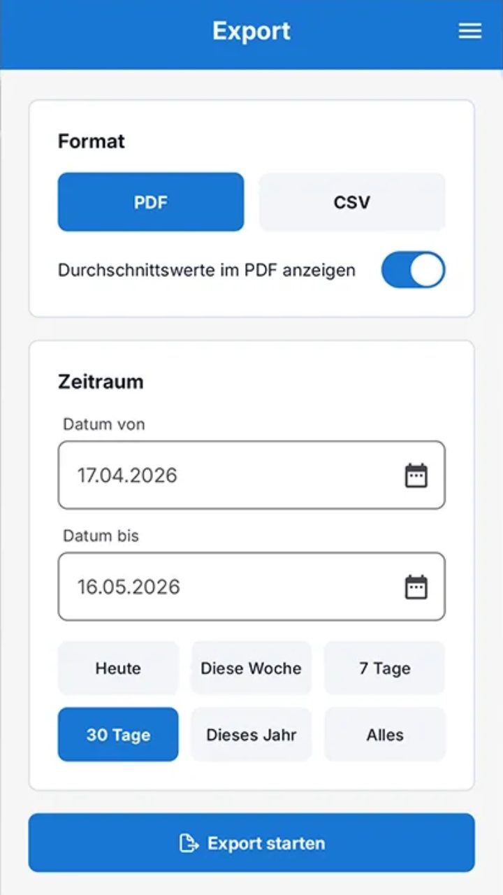 Export als PDF oder CSV mit Auswahl des Zeitraums