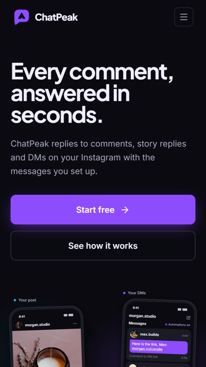chatpeak.app auf dem Handy: Startseite mit Überschrift und den beiden Knöpfen