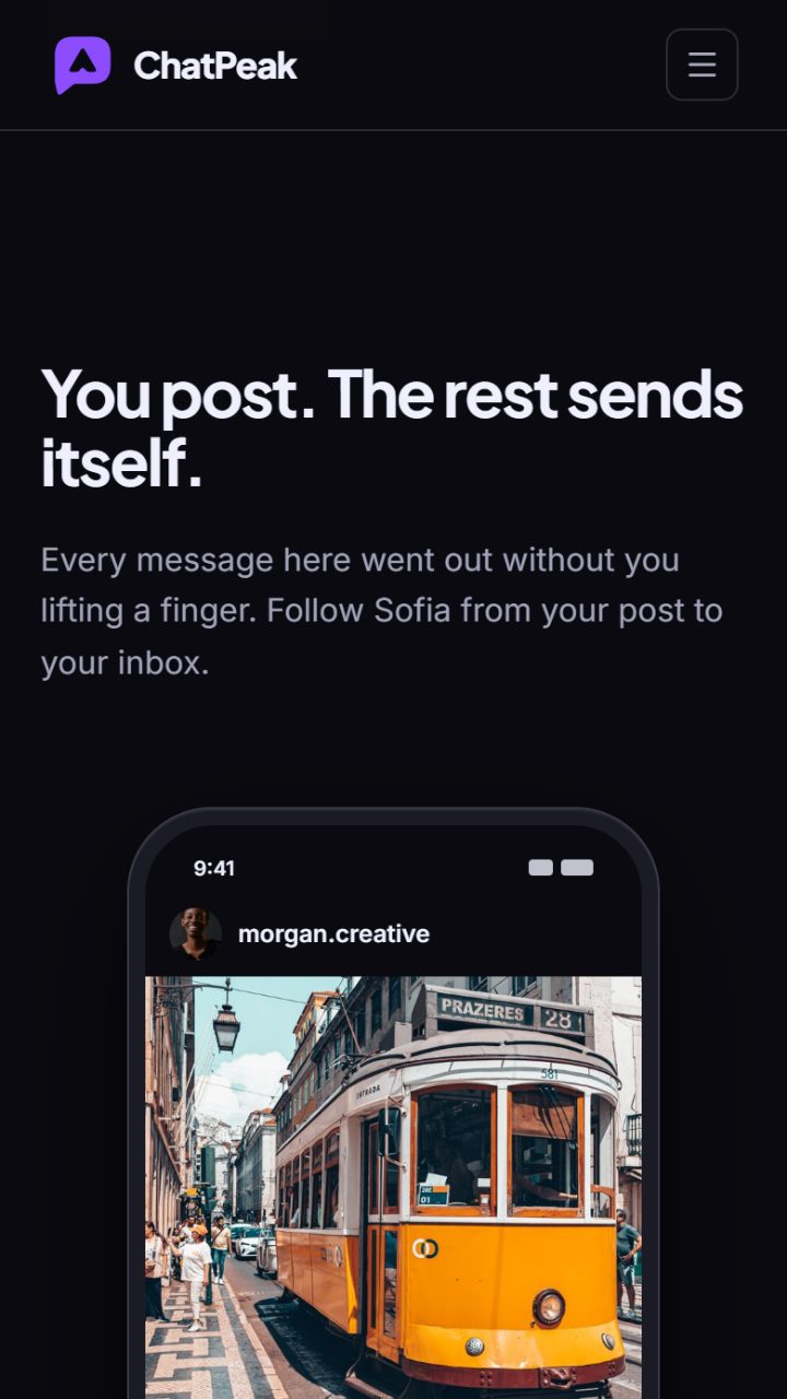 chatpeak.app auf dem Handy: Beispiel eines Instagram-Beitrags, unter dem ein Stichwort die Antwort auslöst