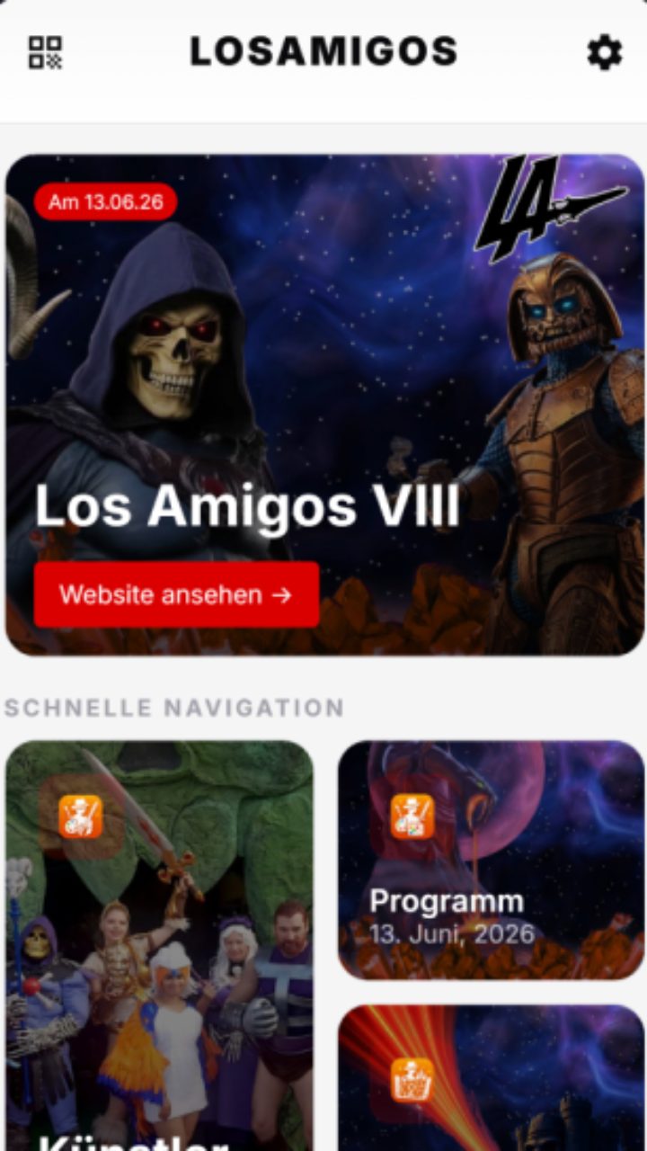 Startseite der App mit dem Hinweis auf die nächste Veranstaltung und einer Schnellnavigation