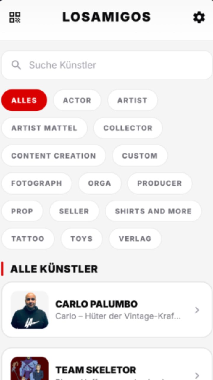 Liste der Künstler mit Suchfeld und Filtern nach Kategorie