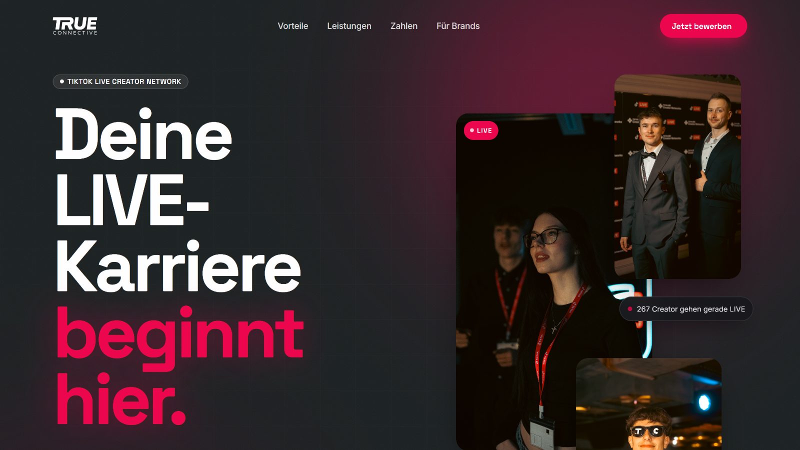 Startseite von trueconnective.com am Desktop: Überschrift und Fotos von Creatorn