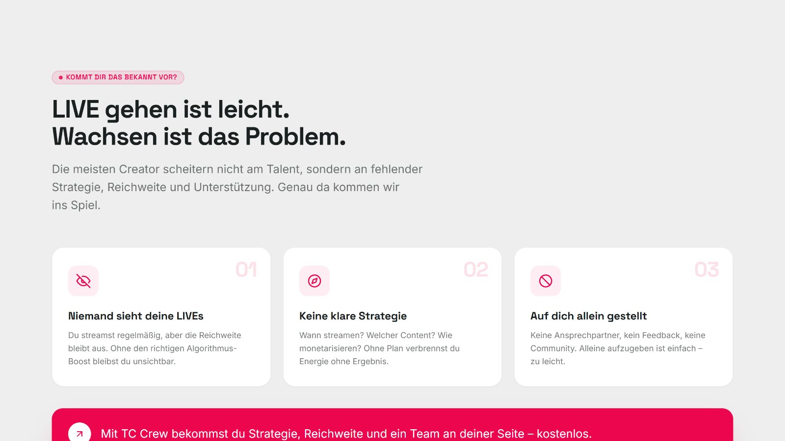 Abschnitt von trueconnective.com über typische Hürden von LIVE-Creatorn, in drei Karten