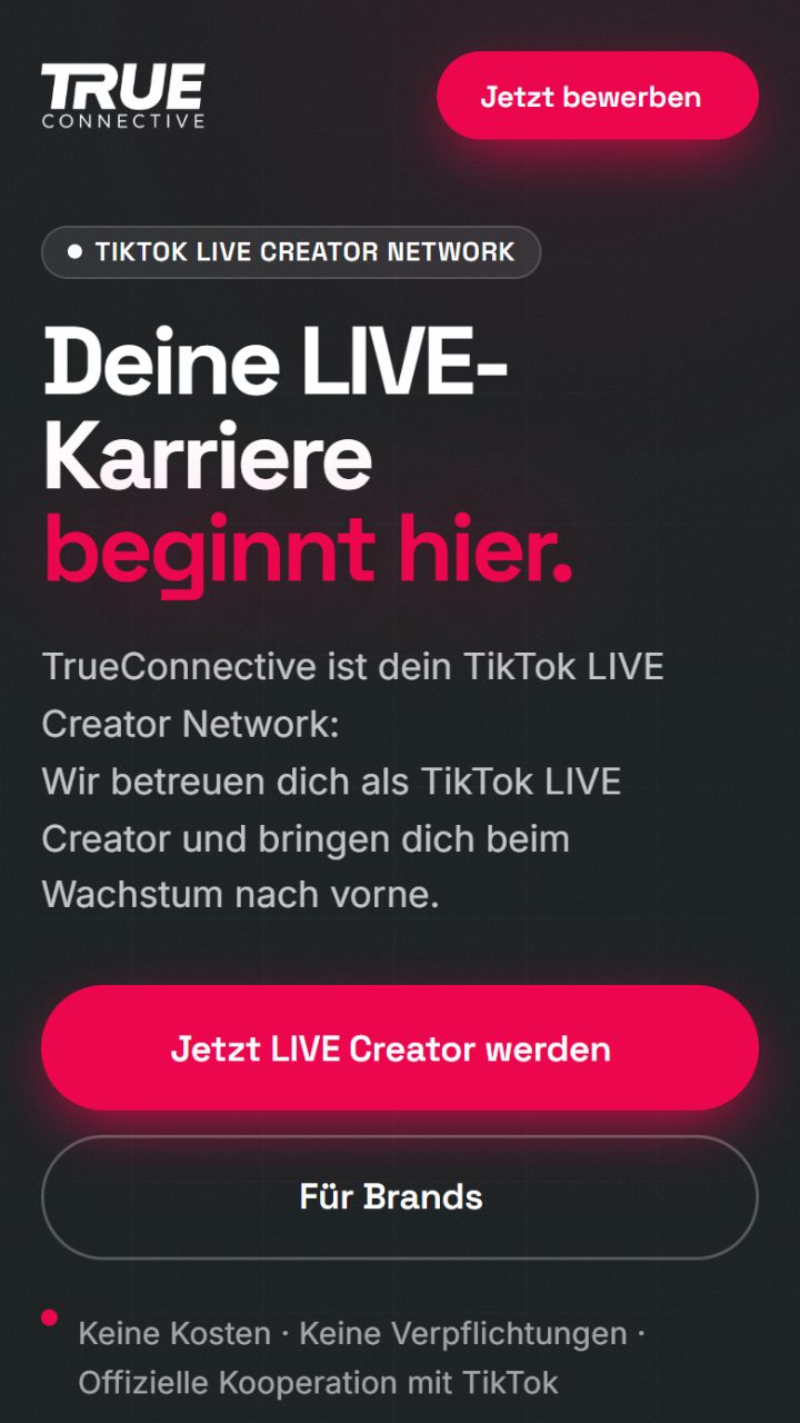 trueconnective.com auf dem Handy: Startseite mit Überschrift und den beiden Knöpfen