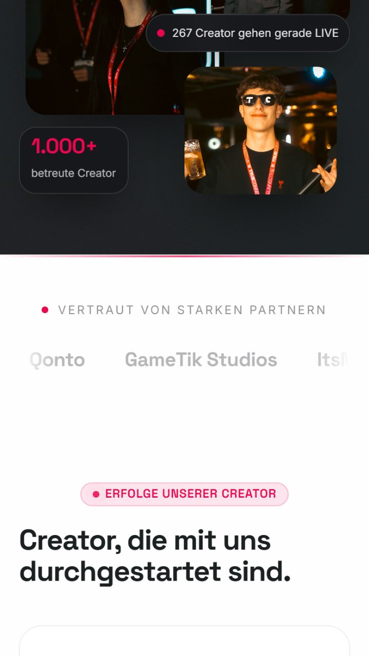 trueconnective.com auf dem Handy: Creator-Fotos und die Leiste mit Partnern